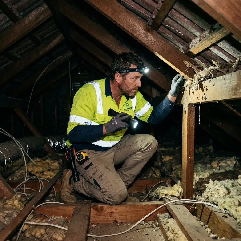 Technician inspecting a roof cavity for a dead animal in Coimadai