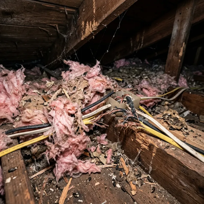 Contaminated ceiling insulation being assessed in a Coimadai roof space
