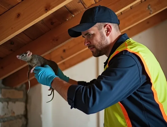 Technician inspecting a roof cavity for a dead rat in Coimadai